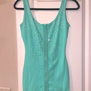 BEBE TEAL DRESS WITH RHINESTONES